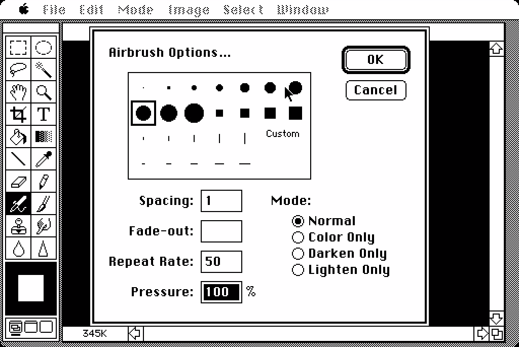 Adobe Photoshop 1.0 Airbrush Options (1990)